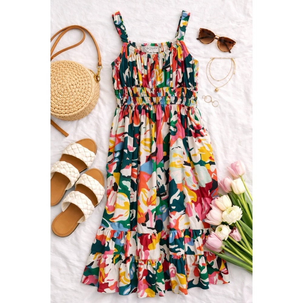 Crosby by Mollie Burch Whitner Dress S Midi Smocked Pockets Linen Resort Travel